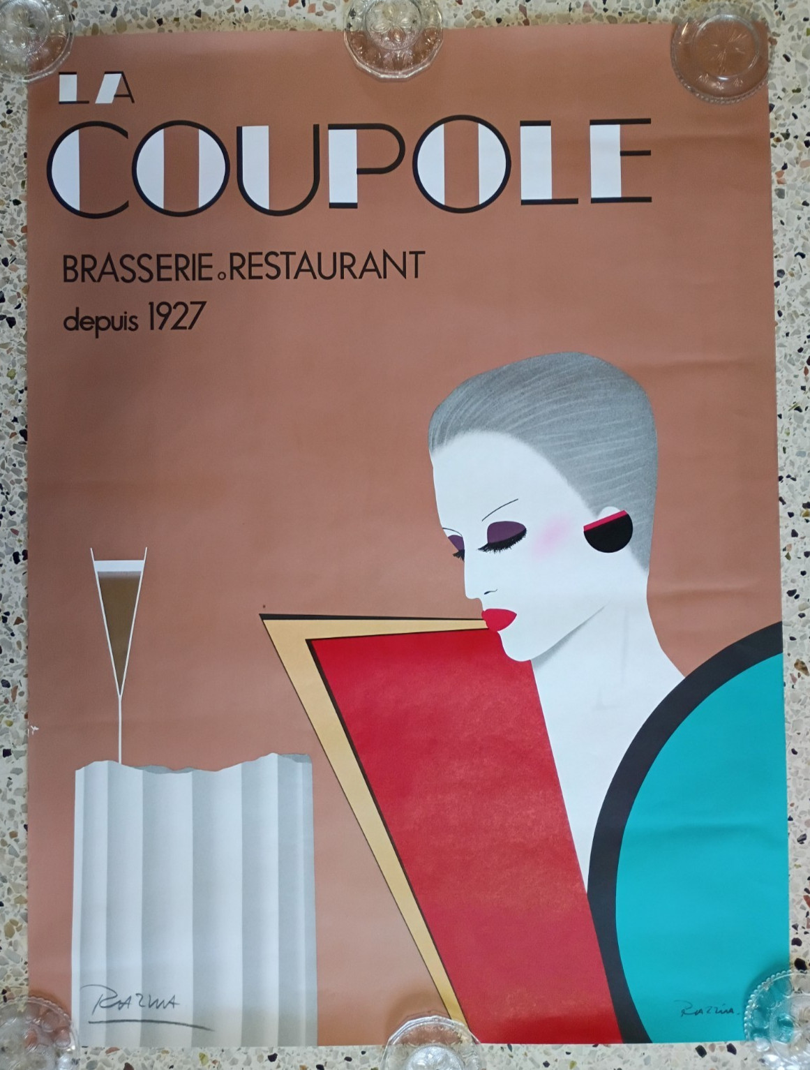 LA COUPOLE RESTAURANT VINTAGE PENCIL SIGNED ADVERTISING POSTER GERARD RAZZIA
