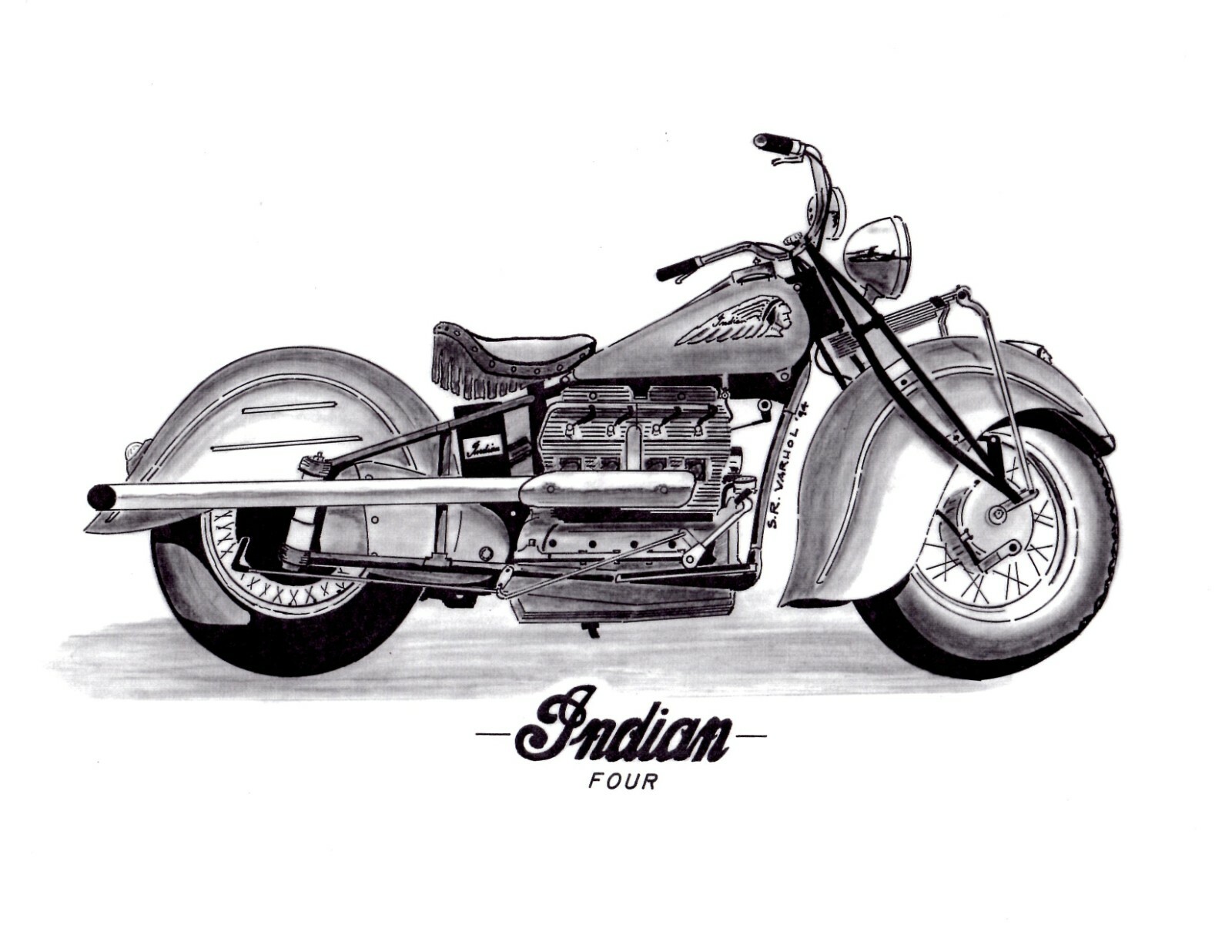  INDIAN 4 cylinder motorcycle pen and ink print. Antique auto art 8.5″ x 11″