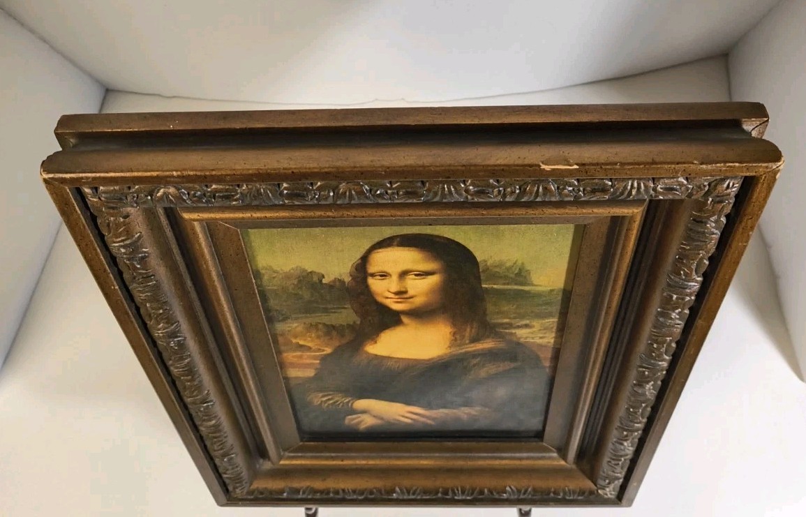 Vintage Mona Lisa 12 By 15″From Paris 1964 Solid Wood Frame Canvas Reproduction