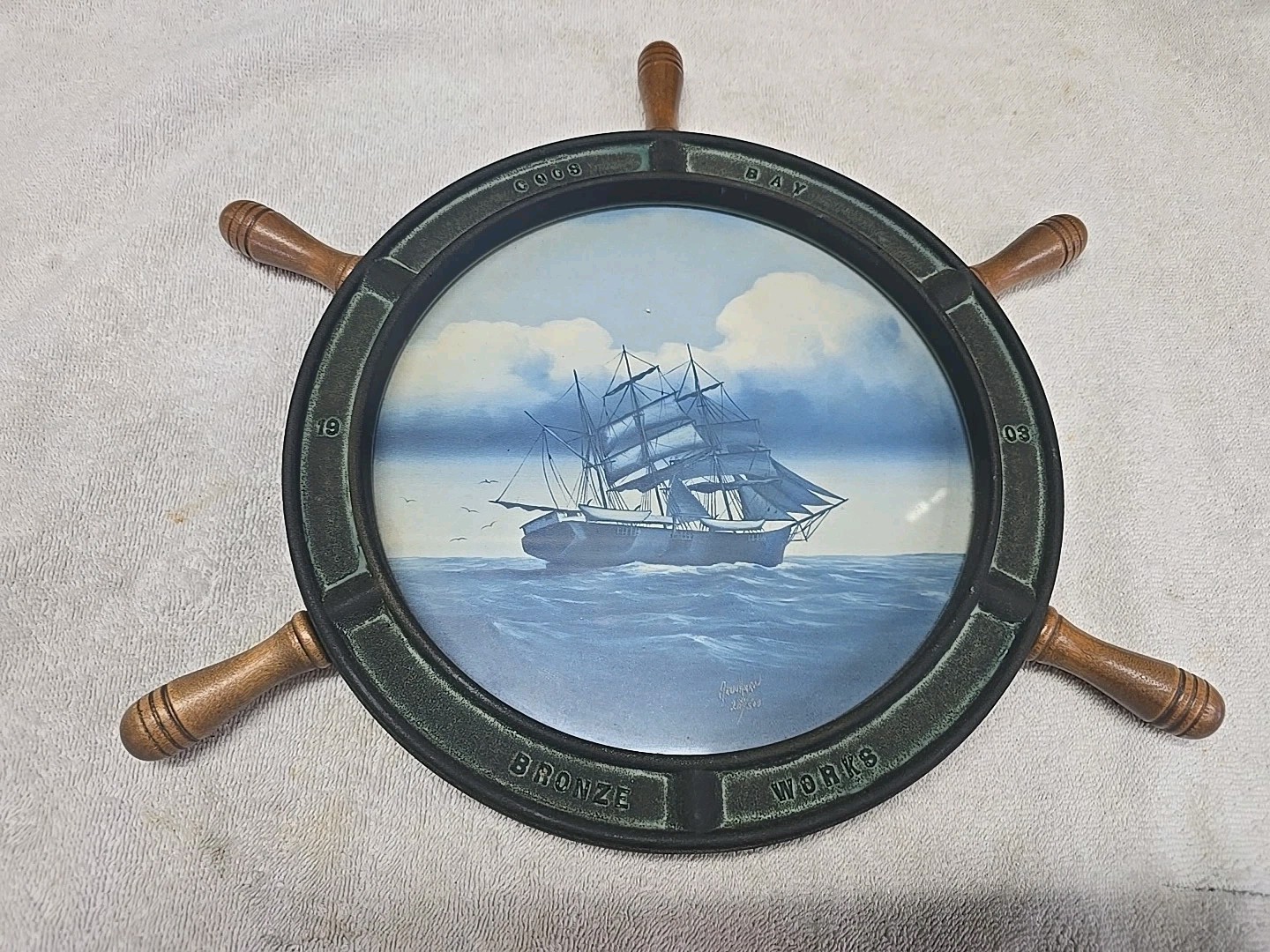 1903 Coos Bay Bronze Works Ship Wheel Nautical Oil Painting Limited Edition