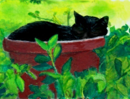 BCB Black Cat in Clay Pot Print of Hand Painted Art ACEO Size 2.5 x 3.5 Inches