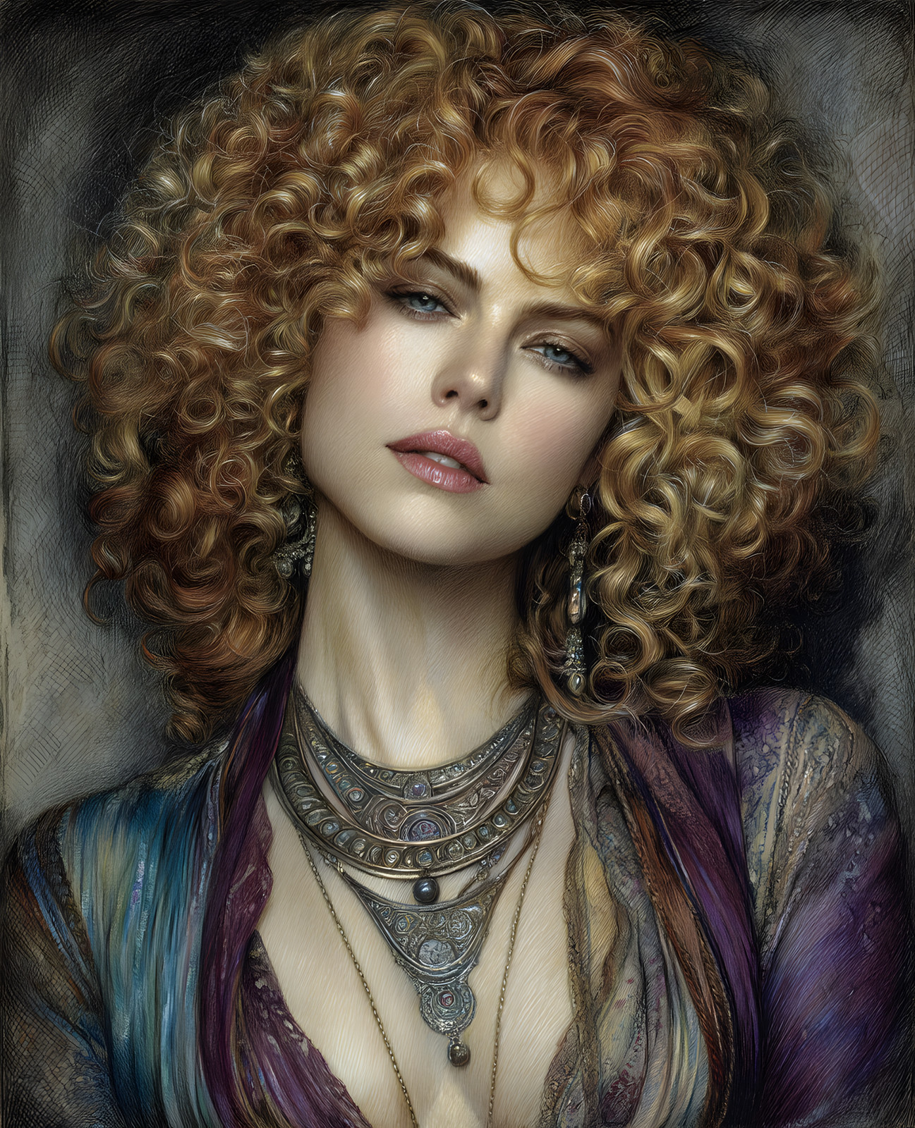 Curly-Haired Bohemian in Blue-and-Purple Robes with Pendants Print – 365334201