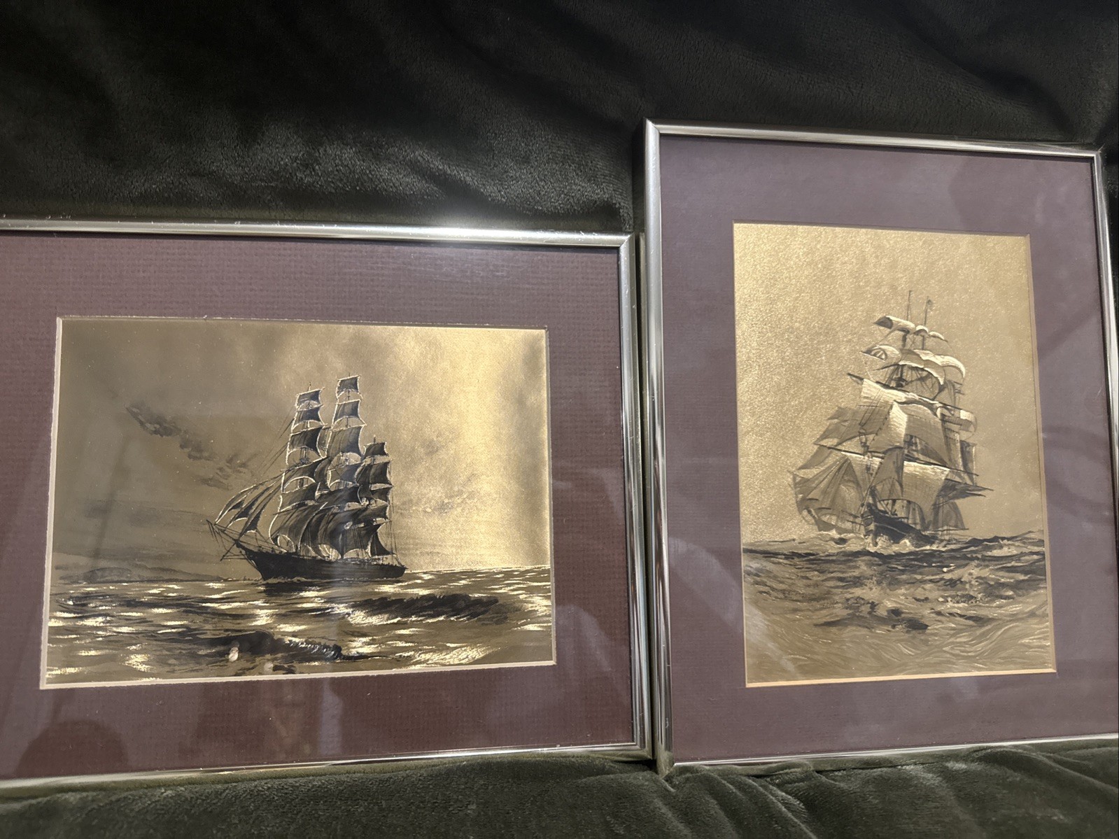 Vintage Framed Gold Foil Etching Nautical Ship, Wall Art Display Lot Of2 Collect