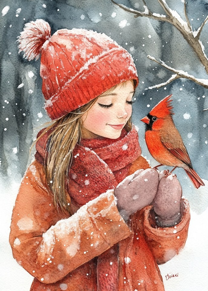 Print ACEO Art Card Christmas Tree Girl Cardinal Bird Winter Limited Edition