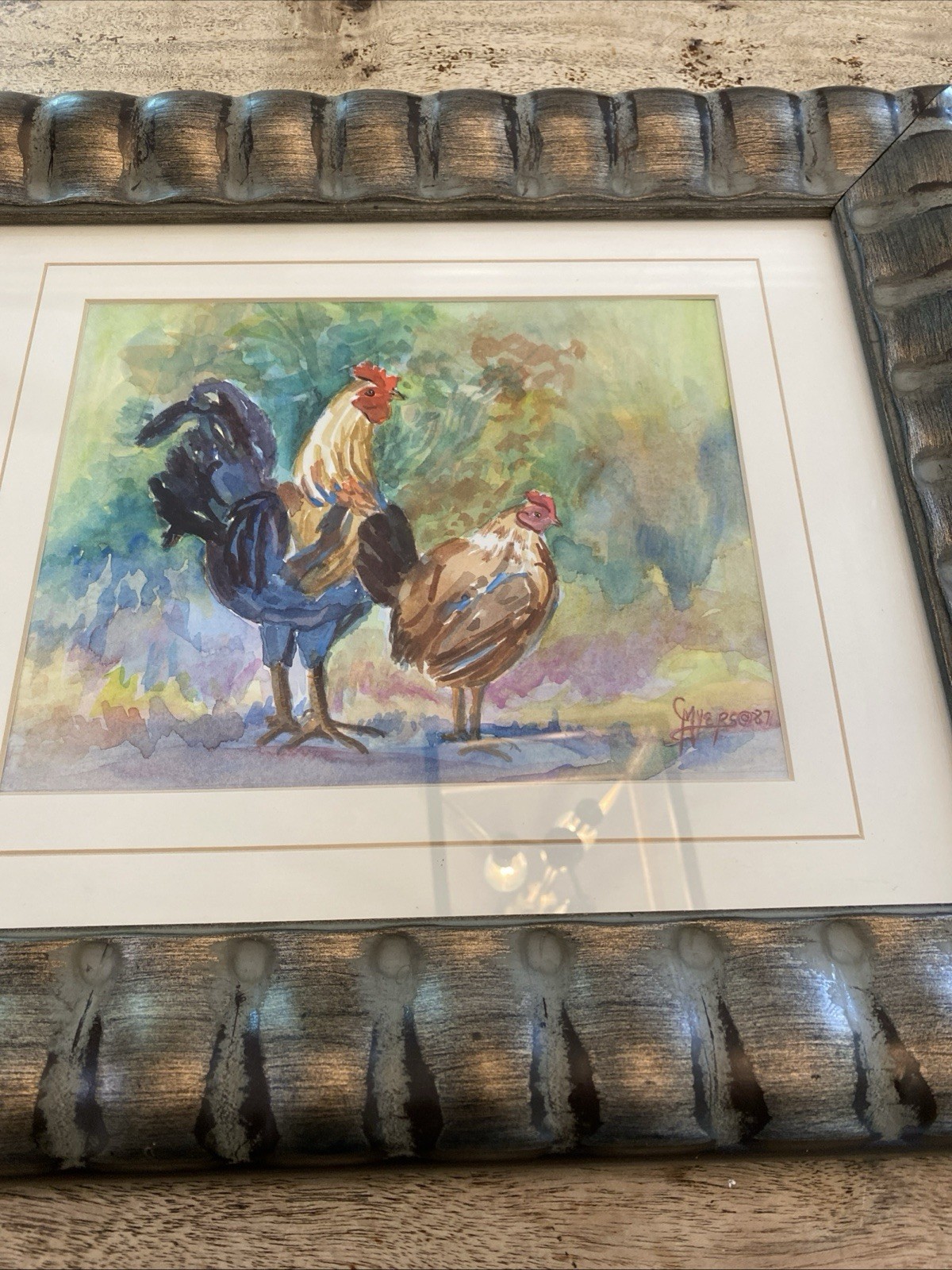 Original ROOSTER WATERCOLOR PAINTING Foul Friends Art Signed Carol Myers