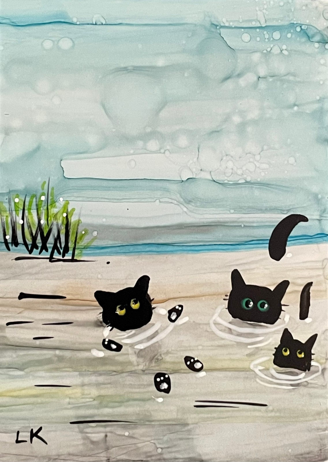 ACEO Art Print black Cats Family swimming 2.5×3.5″ by Lynne Kohler