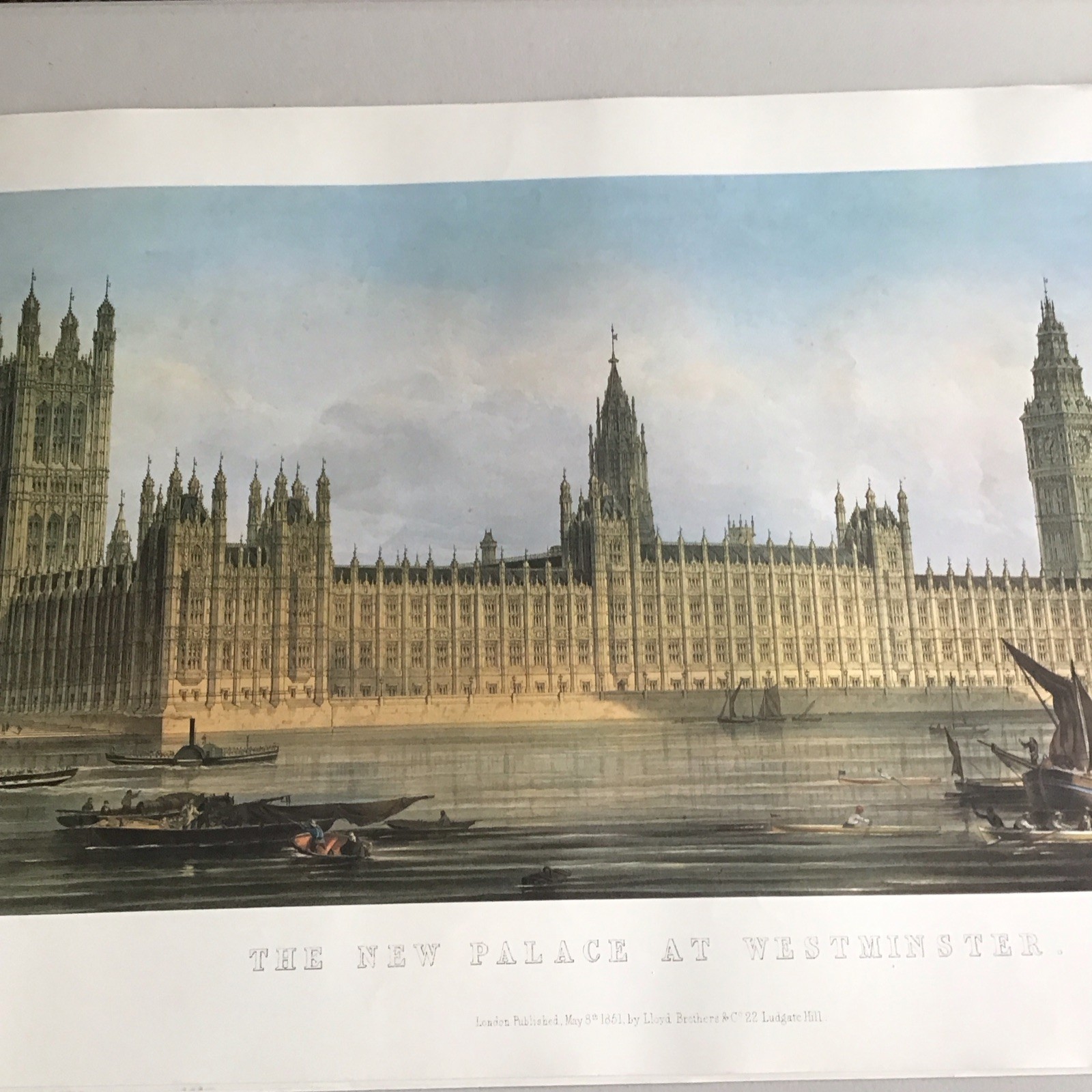 A LARGE ANTIQUE PRINT OF THE NEW PALACE OF WESTMINSTER LONDON