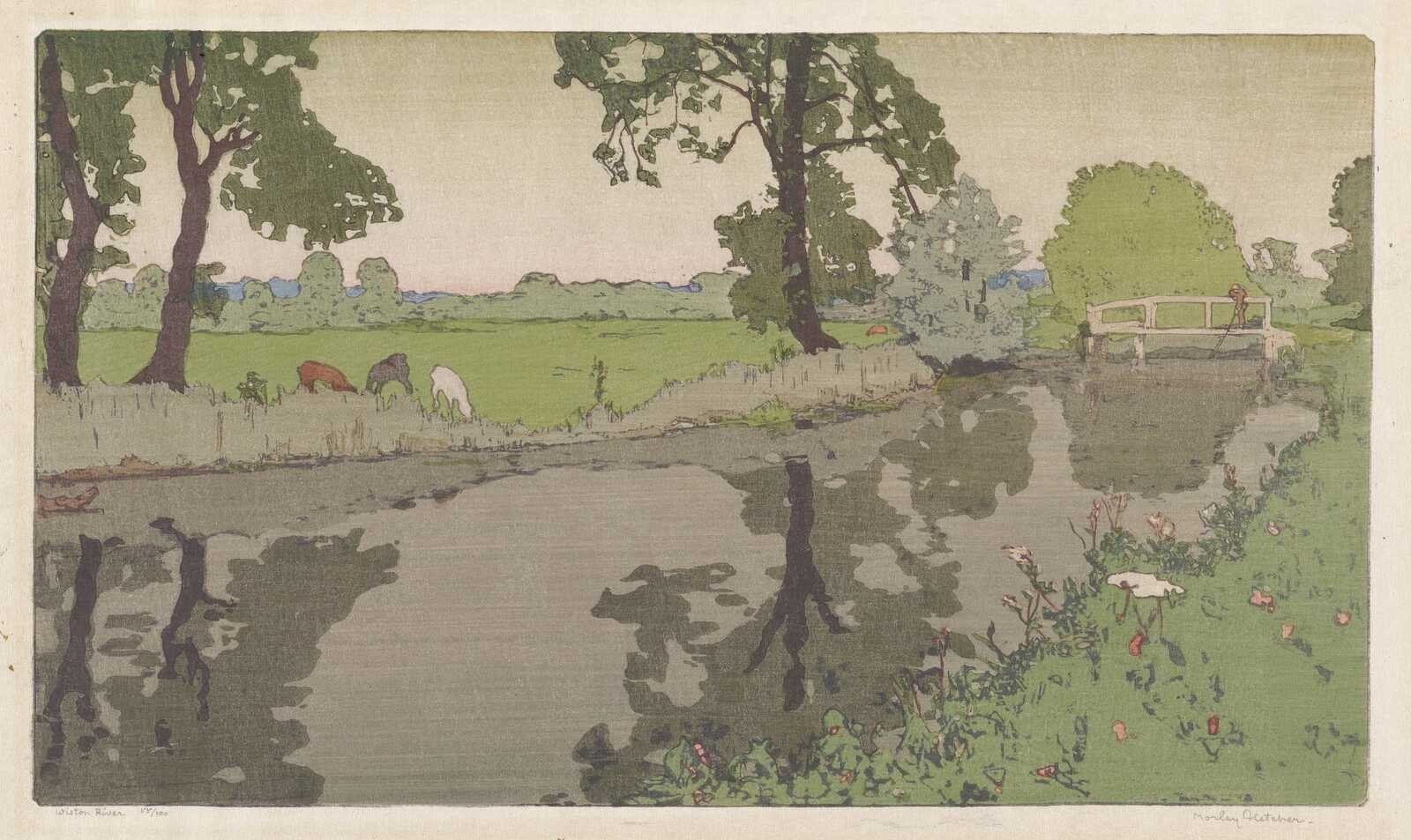 Frank Morley Fletcher : Wiston River : Arts and Crafts : Woodcut Print