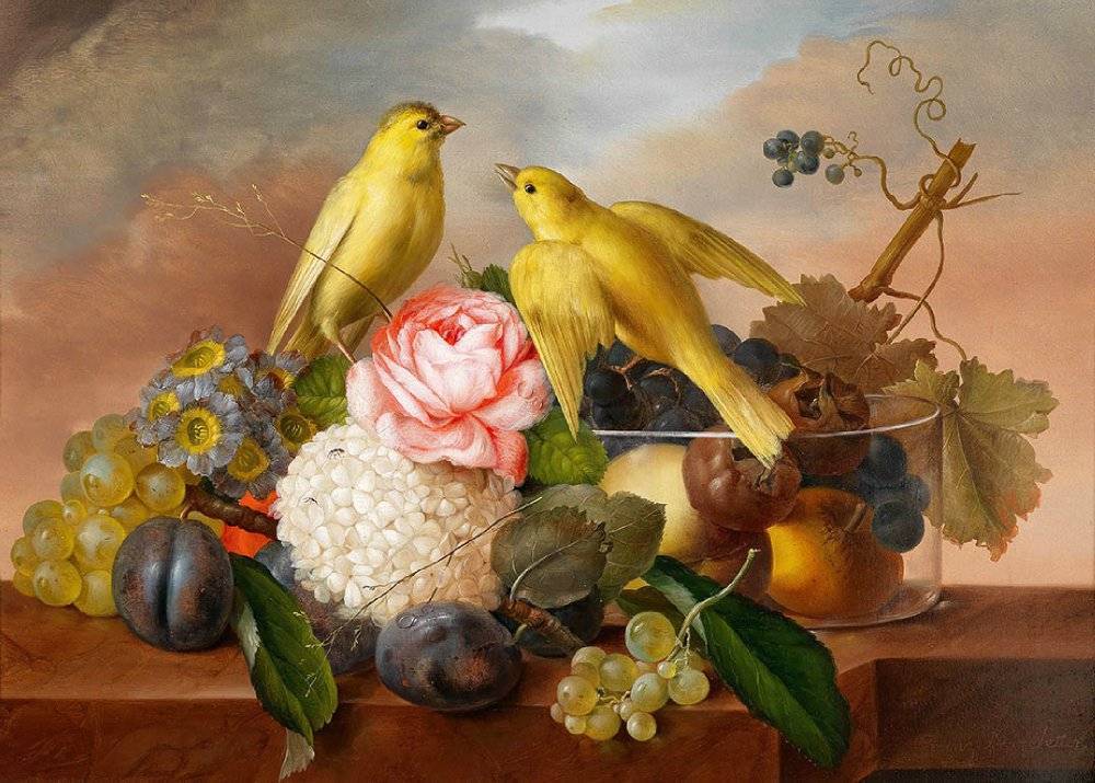 Yellow Birds Roses Flowers Fruit Still Life