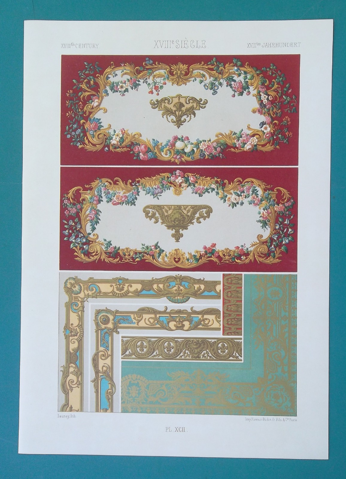 BAROQUE TAPESTRIES of Beauvais Woodwork Bindings – 1878 Racinet COLOR Print