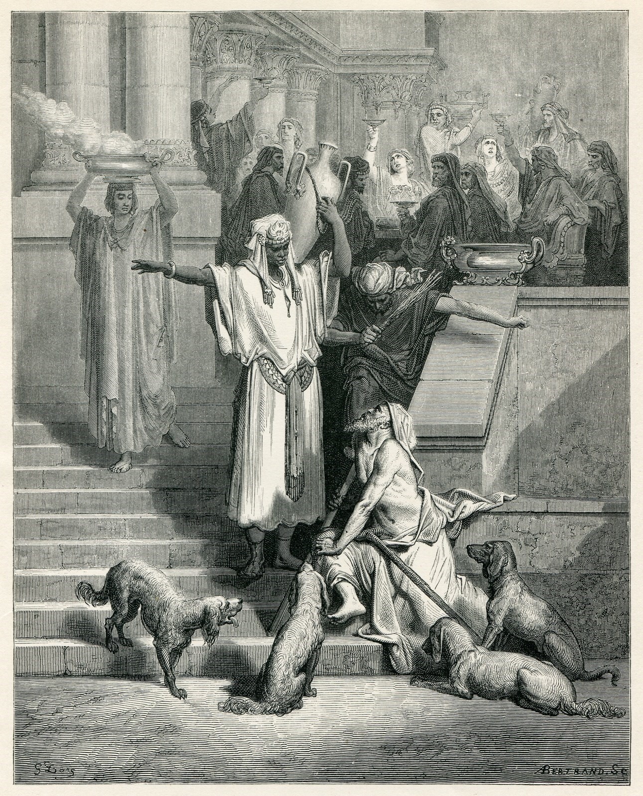 Dore Bible Art LAZARUS AND THE RICH MAN 1880 antique engraving