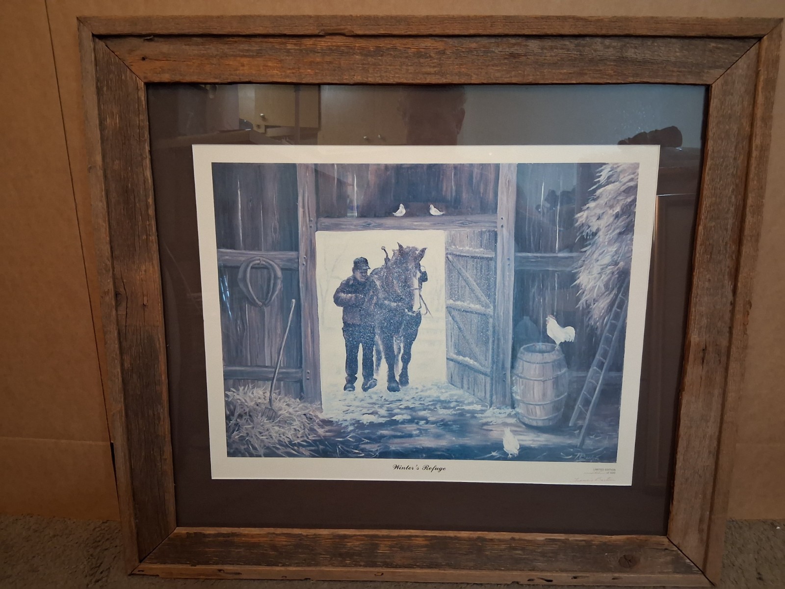 Francis Barton “Winter Refuge” Signed Limited Edition Print. Barn Wood Framed.