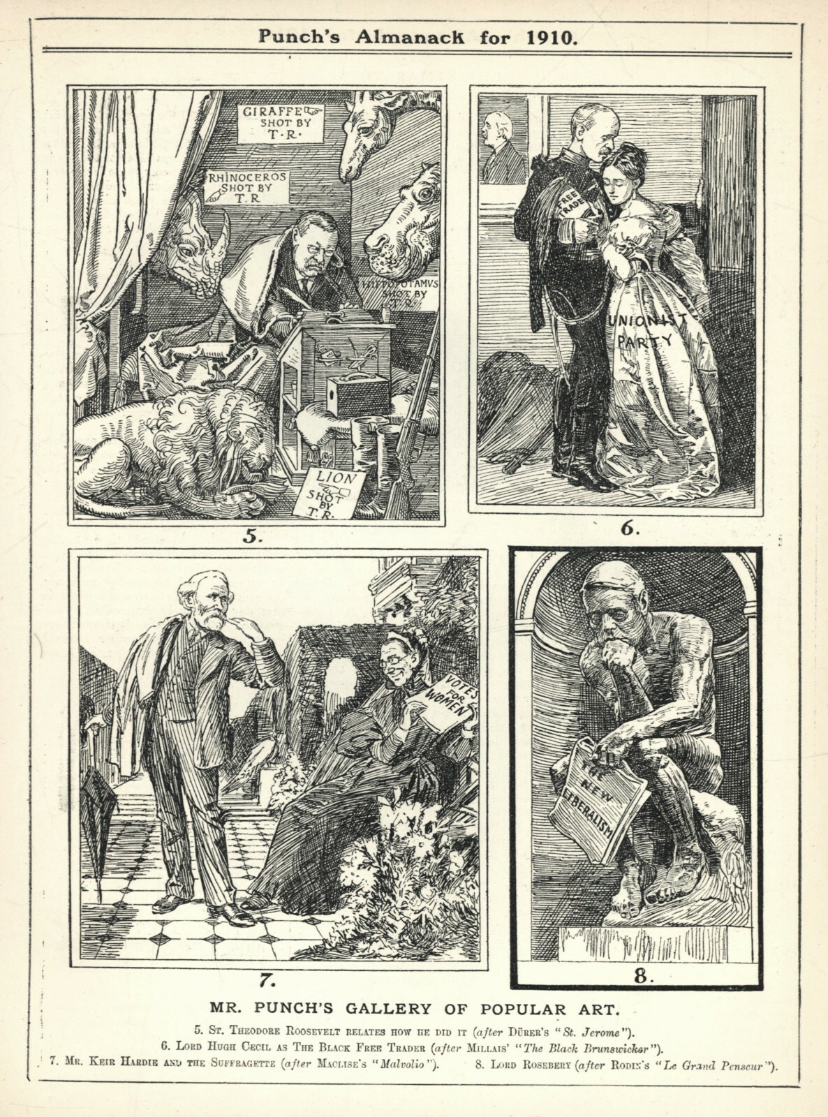 POLITICAL SATIRE CARTOONS – 2-Pages – 1910 PUNCH MAGAZINE [Roosevelt/Churchill]