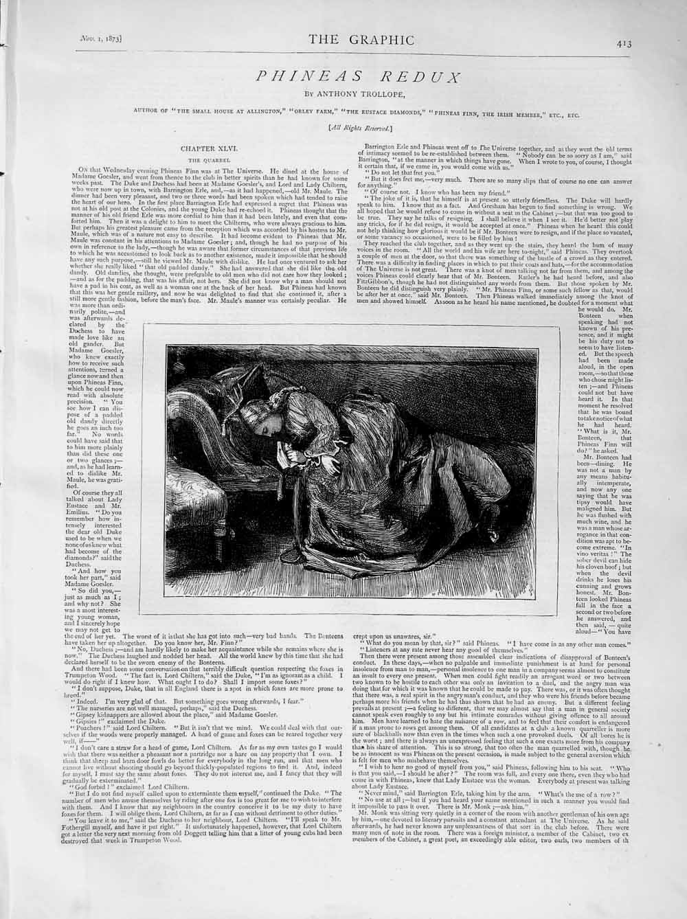 Original Old Antique Print 1873 Illustration Story Phineas Redux Sleeping Lady