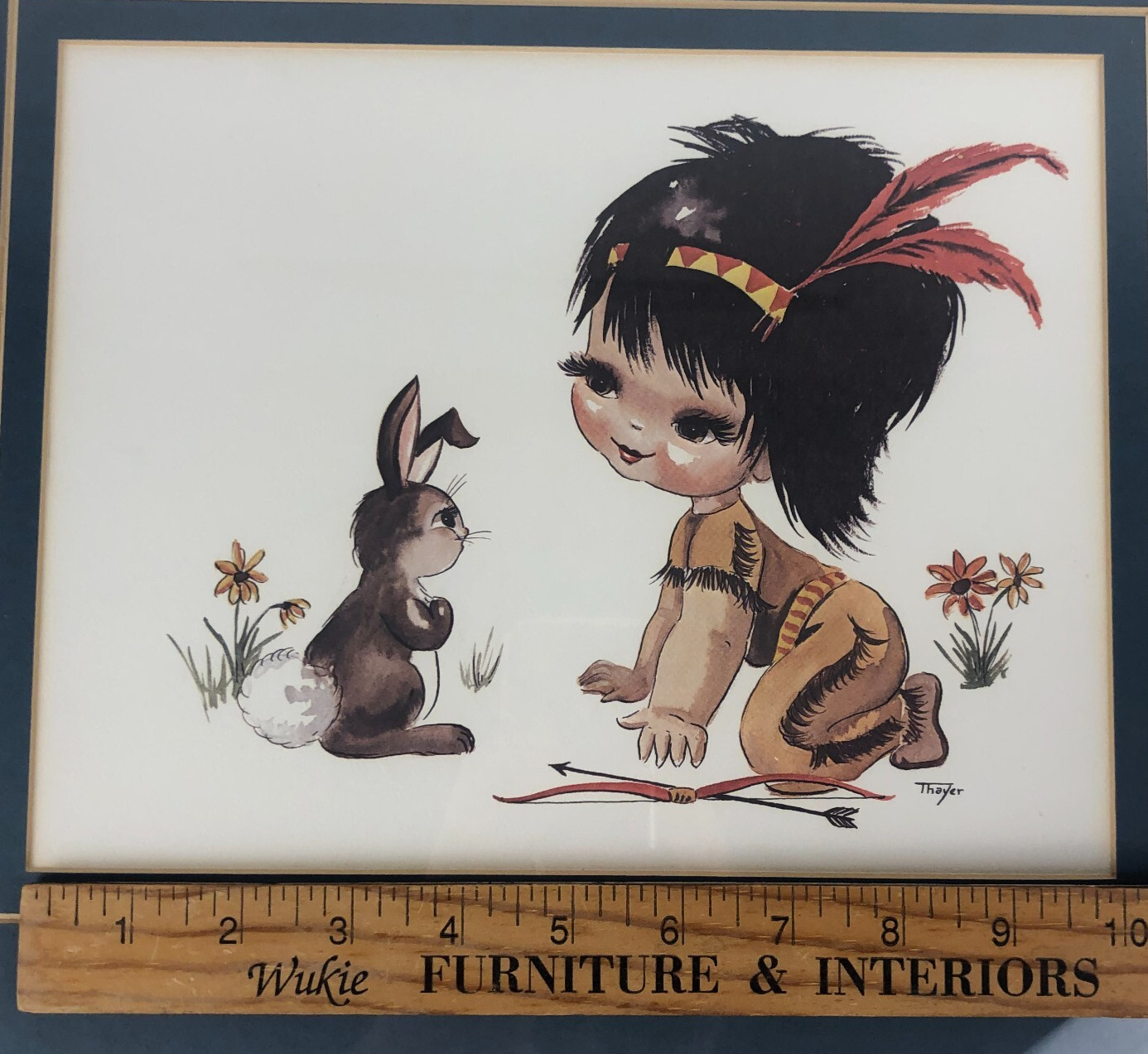 MCM Art Print Indian Big Eye Native American Girl w/ Rabbit Thayer Frame Matted