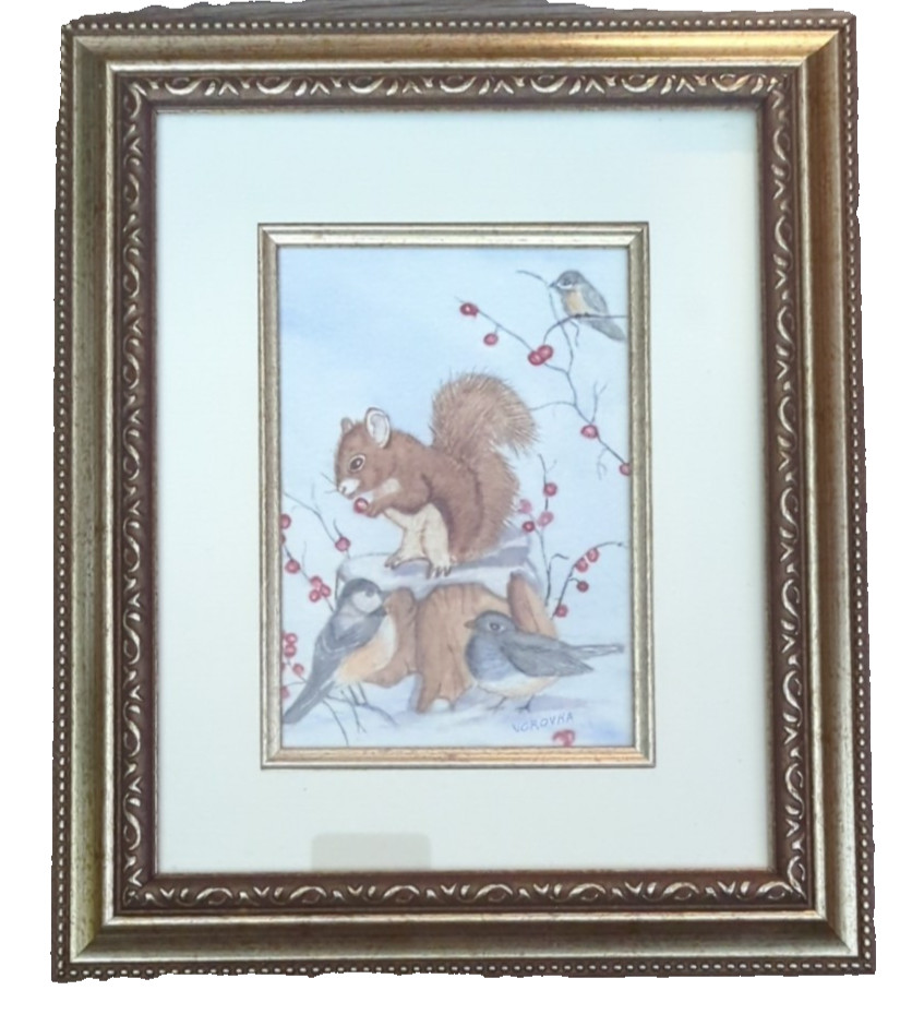 Squirrel & Birds in the Woods Print Framed & Matted Signed Vorovka