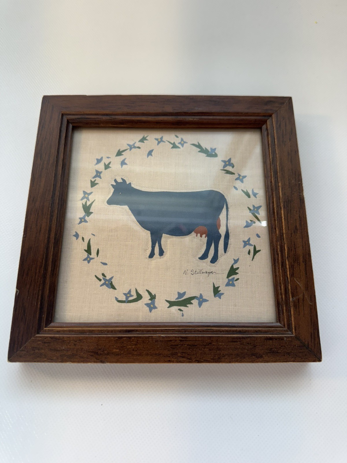 Vintage Signed Framed Folk Art VTG Cottage Core, cow, country aesthetic