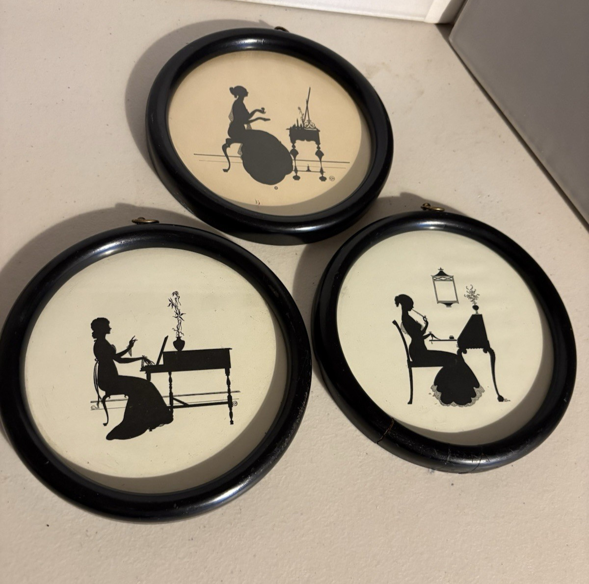 Lot of 3 Round Vintage Wallace Nutting Silhouettes Woman at Desk Dressing Table