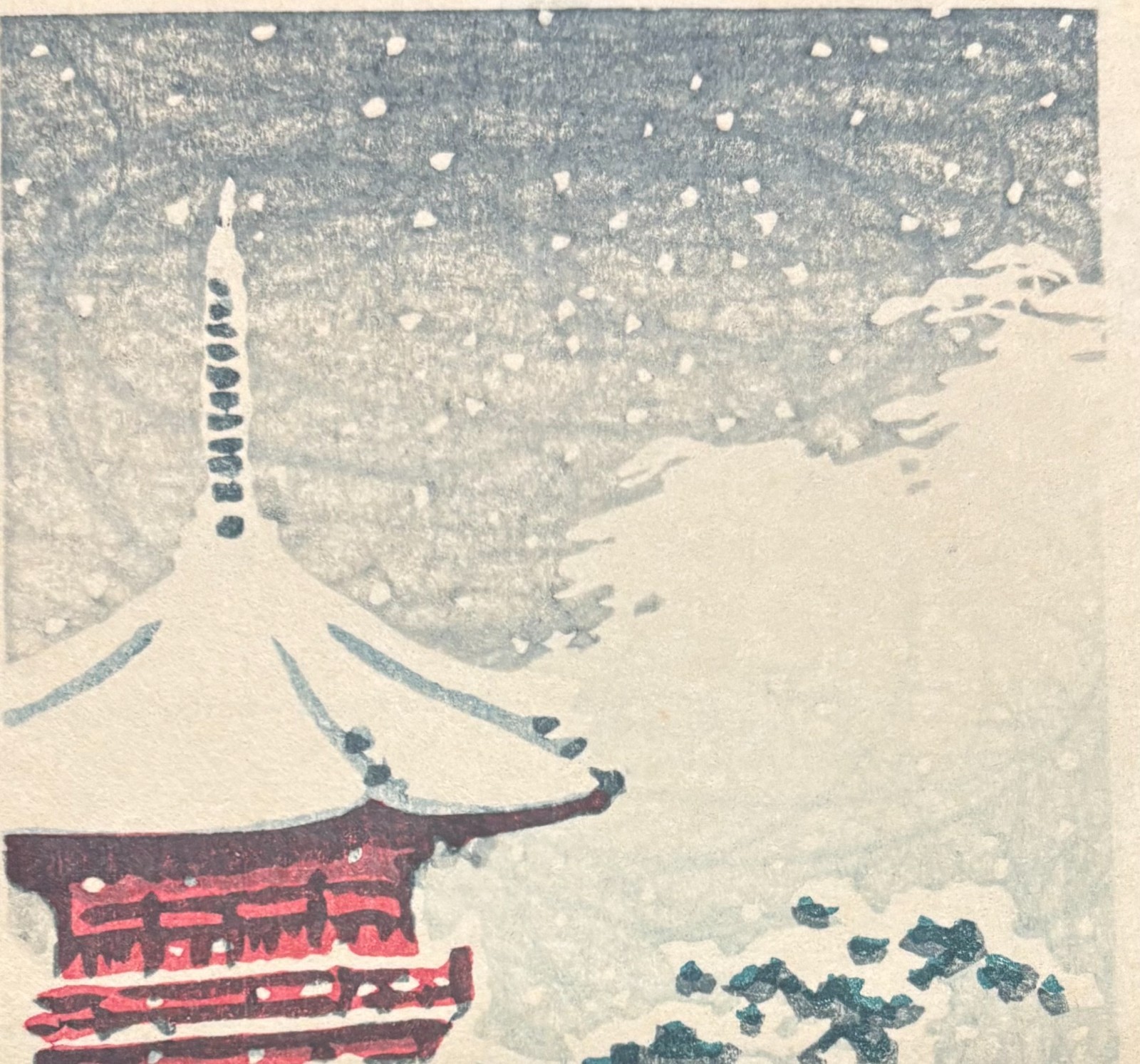 RARE Original c1930 KAWASE HASUI ‘Red Pagoda in Snow’ Japanese Woodblock Print