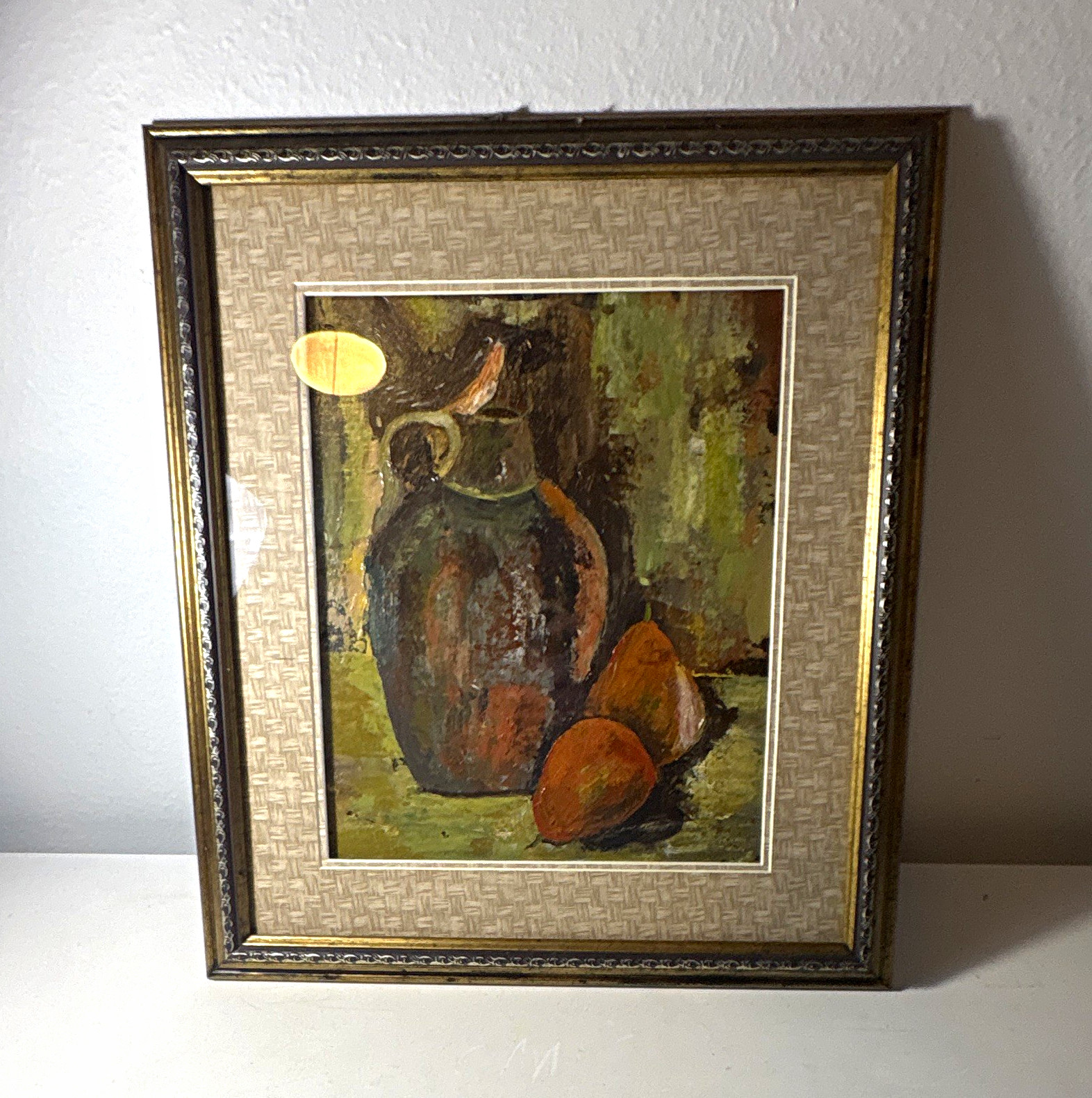 Vintage Mid Century Expressionist Still Life Oil Painting Jug Pears Bird Framed
