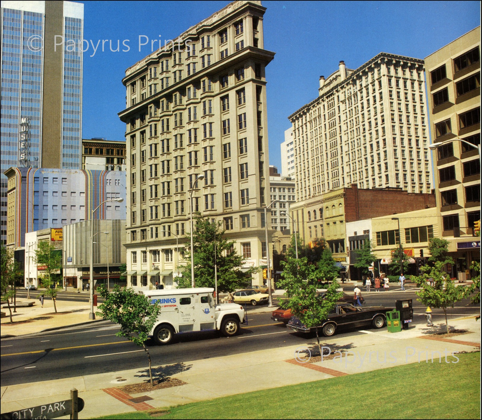 1985 Vintage Print Atlanta Georgia City Park Downtown Buildings Cars Street