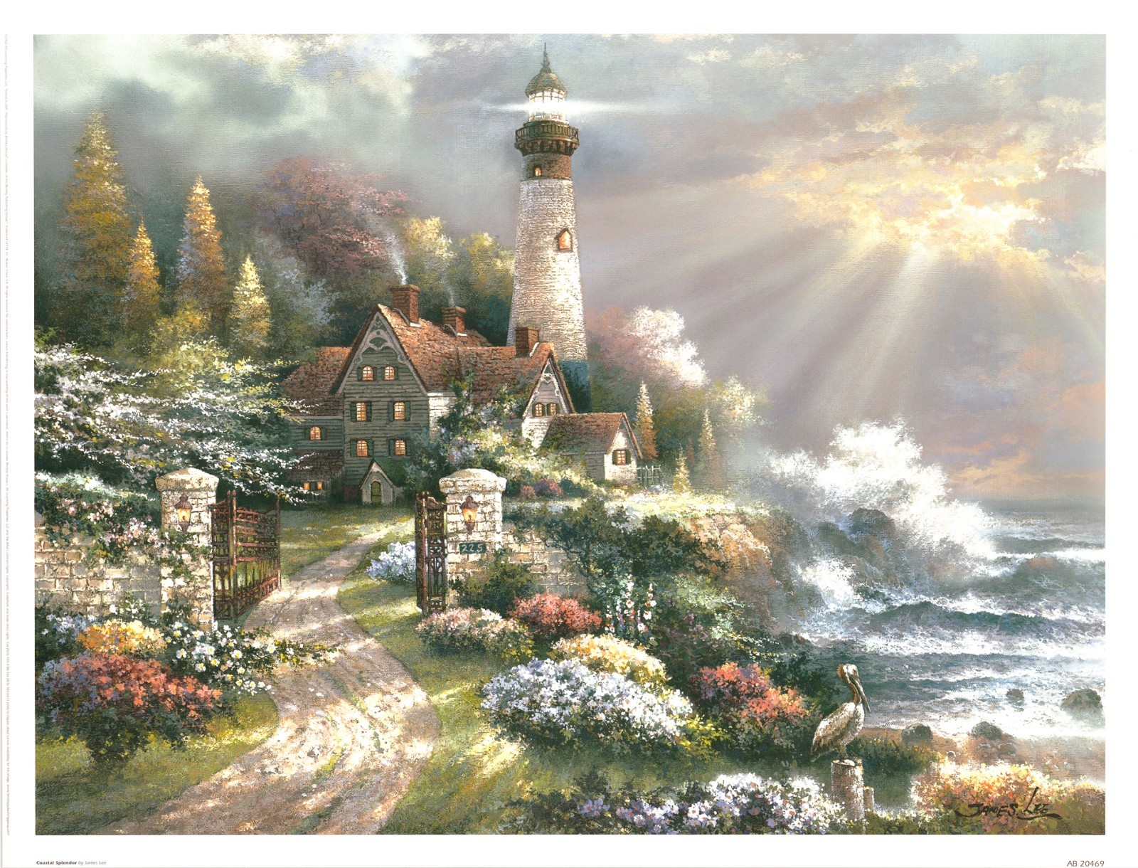 James Lee Coastal Splendor lighthouse with beacon on a pelican nearby 17×13 in