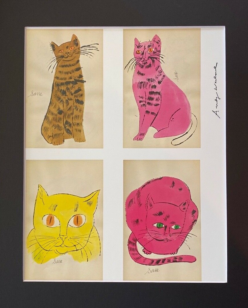 ANDY WARHOL | “CATS” SIGNED VINTAGE PRINT MATTED AND FRAMED