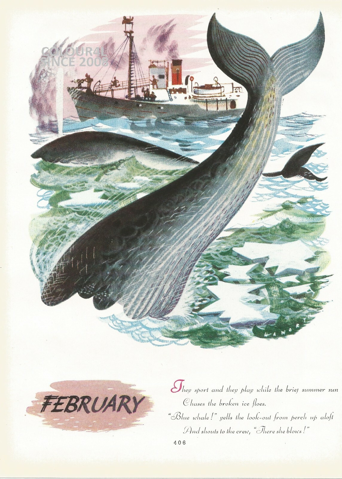 THE MONTH OF FEBRUARY POEM WHALE SHIP BOAT SEA 1951 ART ILLUSTRATION PRINT