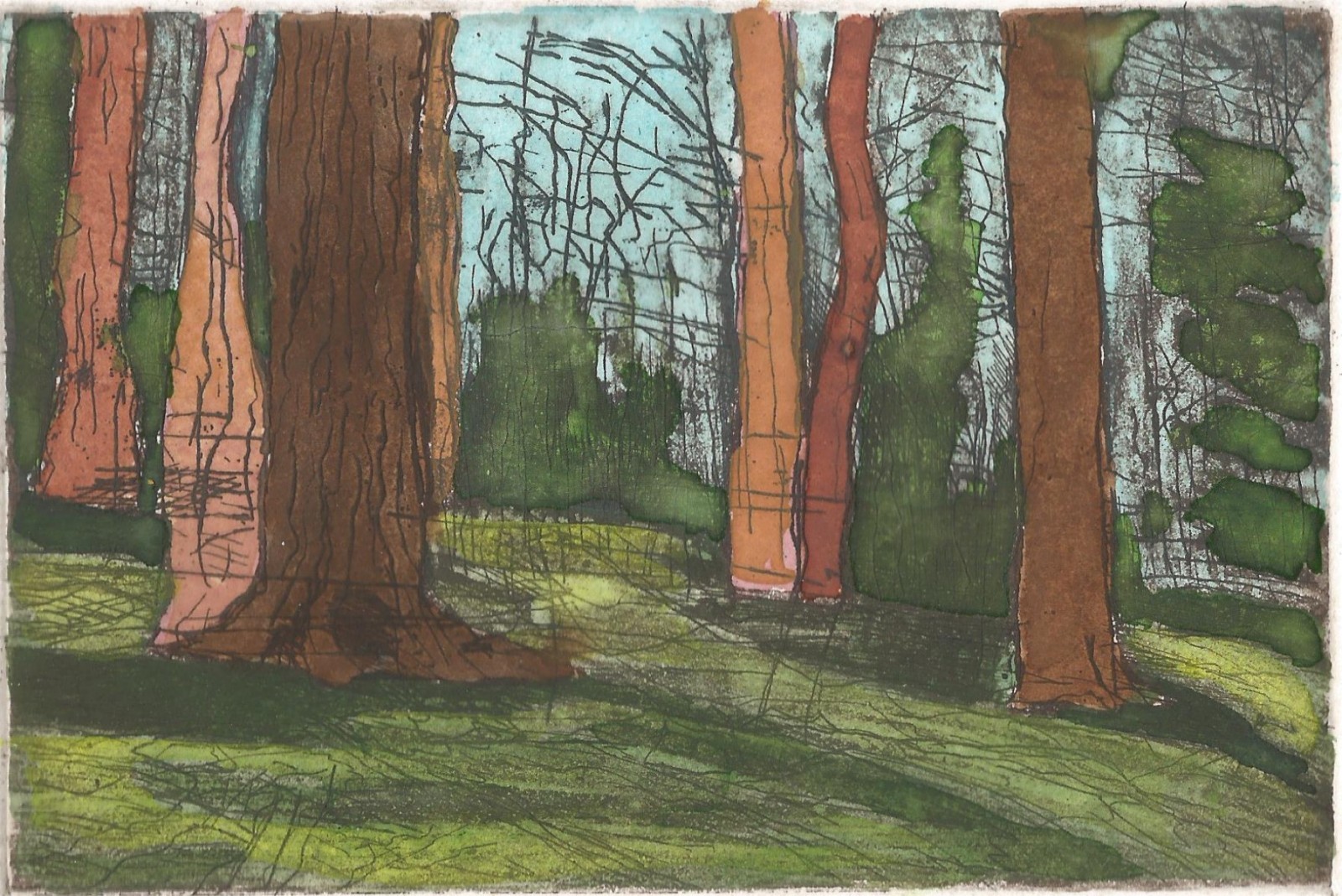Through the Woods watercolor over etching