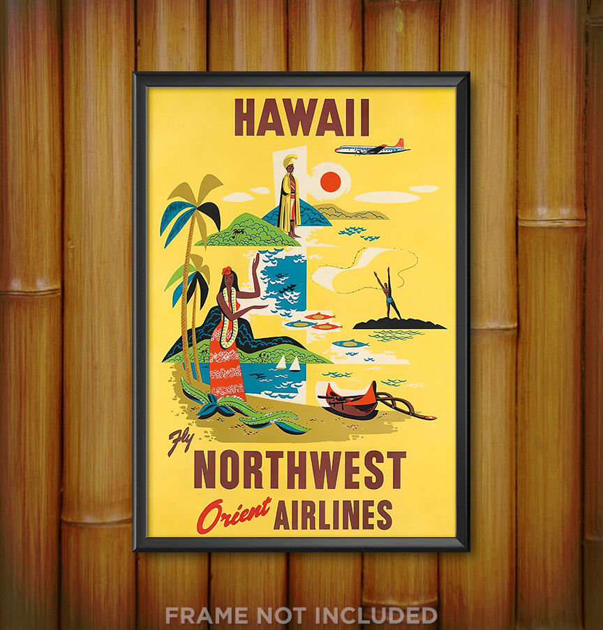 HAWAII Travel Poster Fly Northwest Orient Airlines Print Tiki Bar Hula Surf 4205