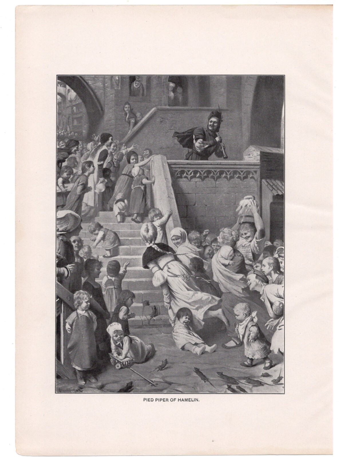PIED PIPER – Children Babies Excited Laughing Victorian 1894 Antique Engraving