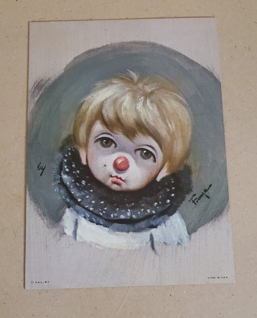 1960’s OZZ FRANCA BIG SAD EYES BOY CLOWN LITHOGRAPH USA 5 x 7 inch