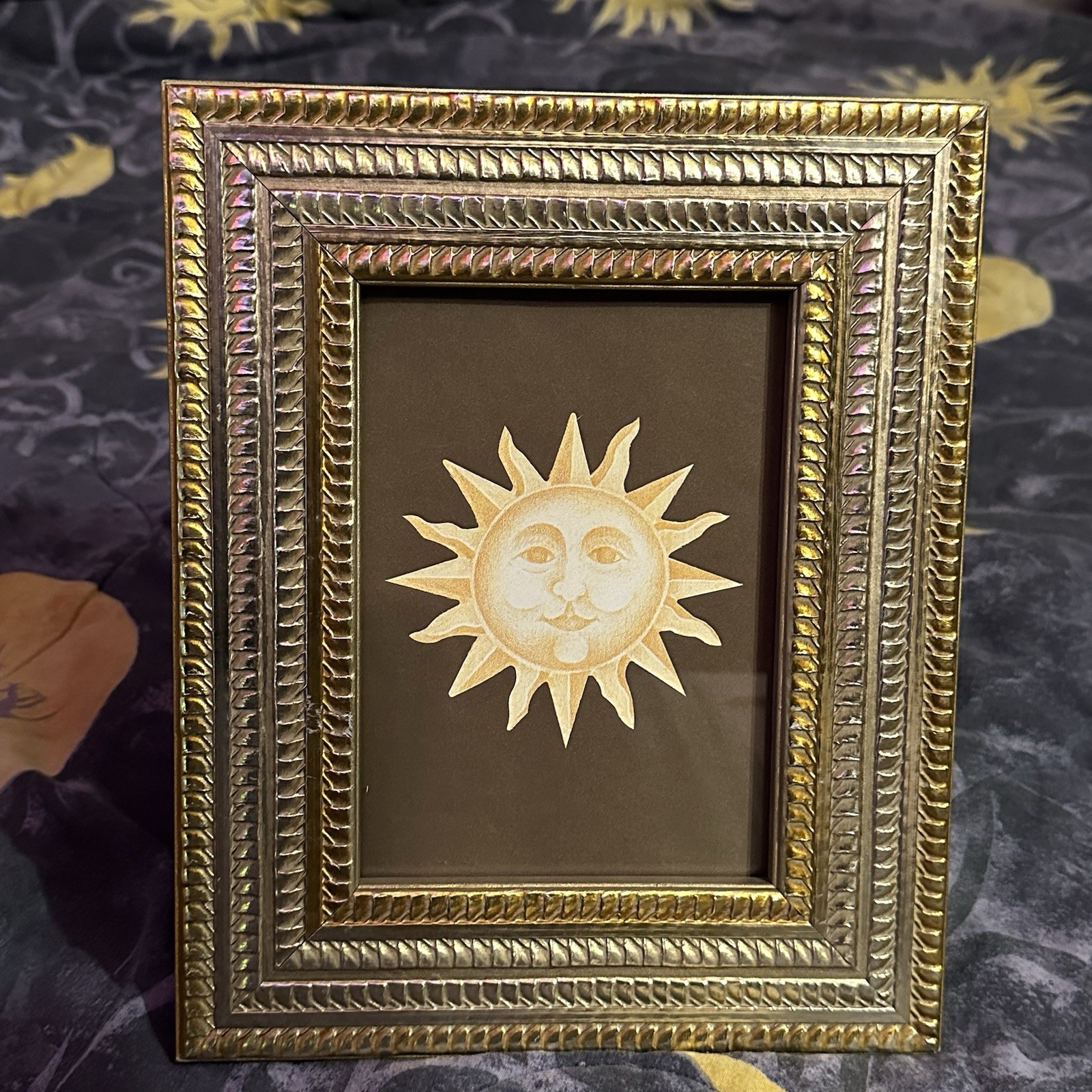 90s Vintage Celestial Sun Print Framed Wall Art 10.5×8.5in Gold Brown Whimsygoth