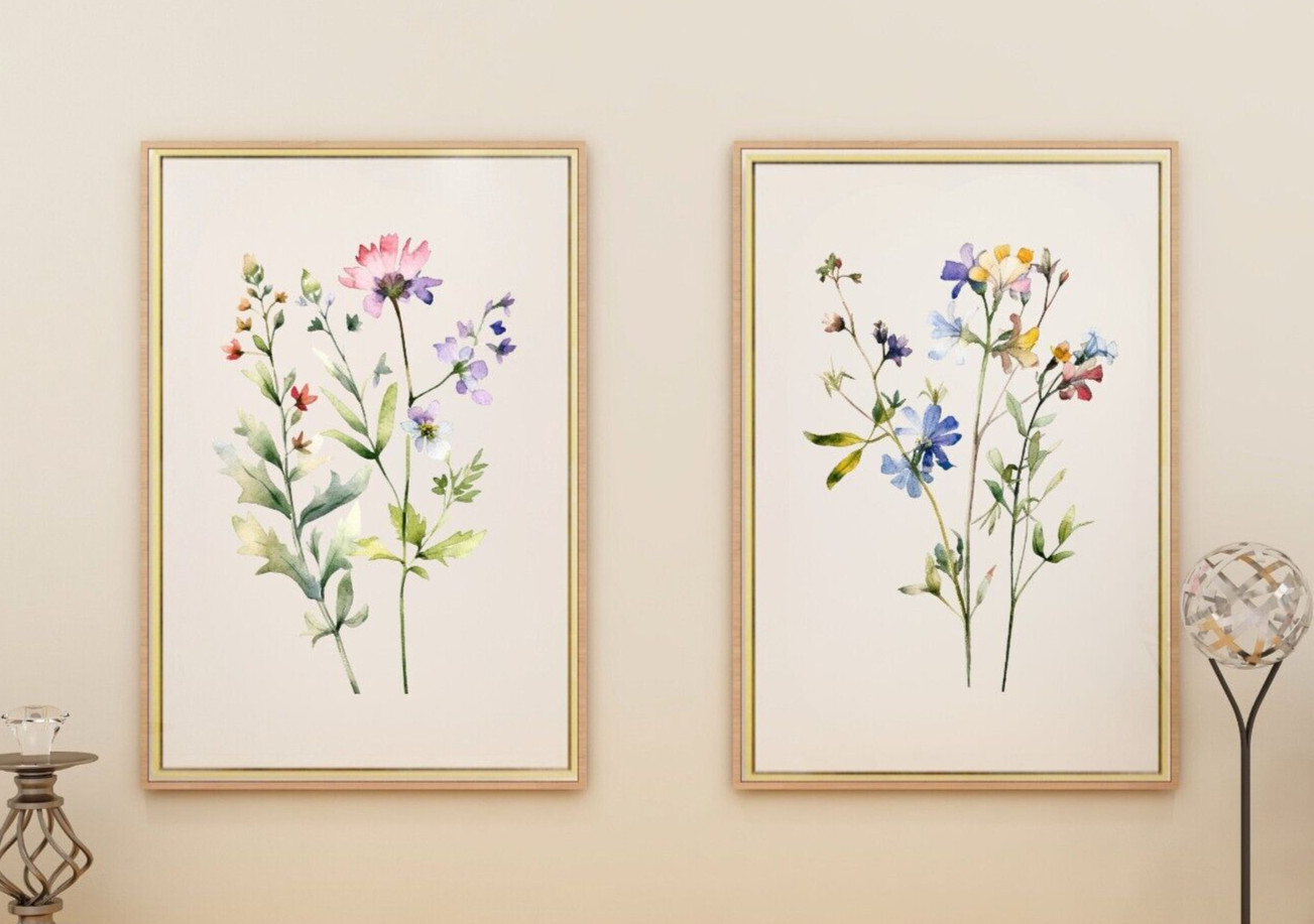 Botanical Art Prints, Set of 2 Floral Wall Art Decor, Wildflowers Prints