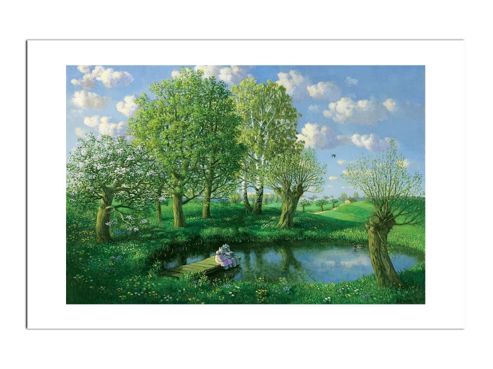 Spring (Otto’s Eleven) – Michael Sowa Art Print Elephants Pond Dock Poster 24×32