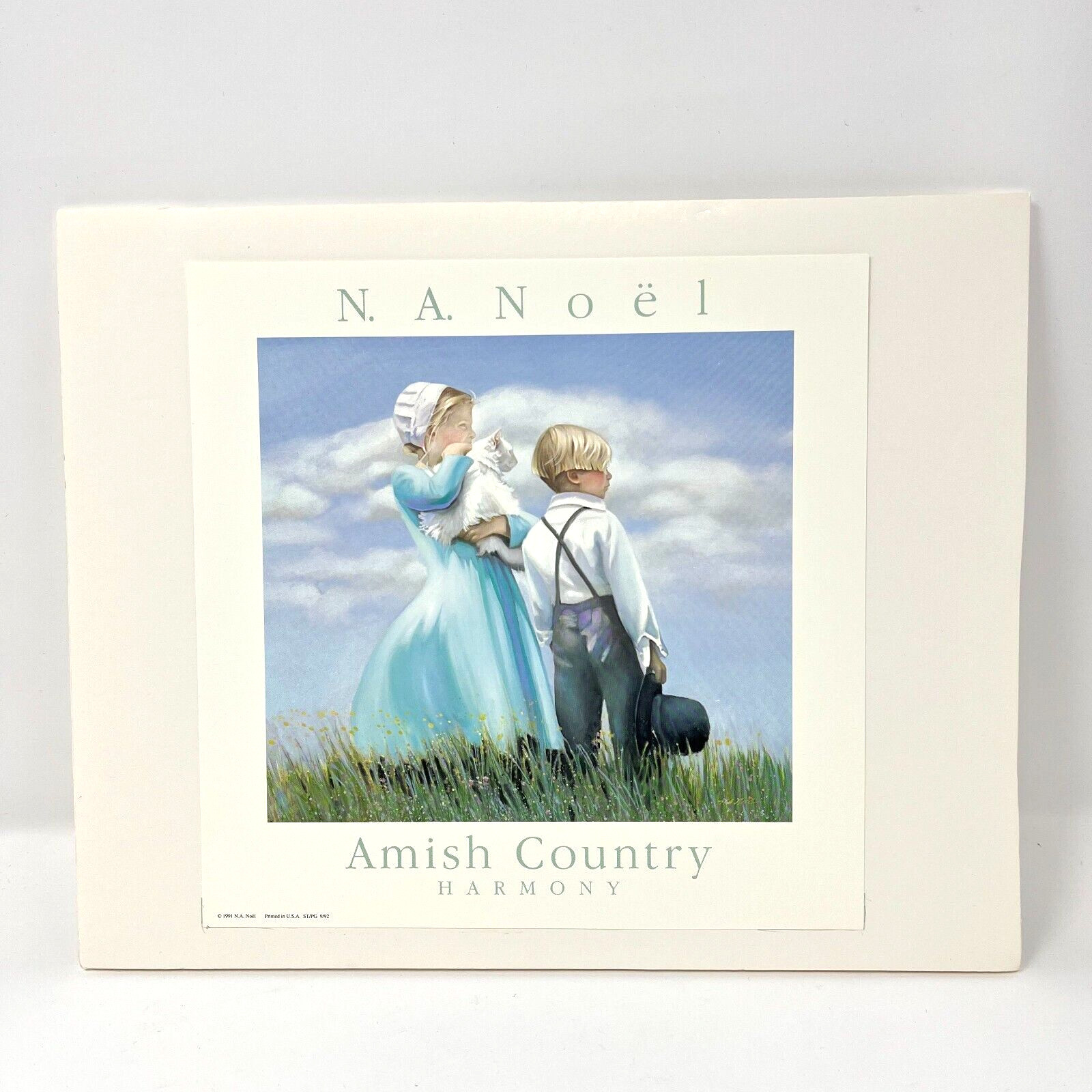 Vintage 1991 Amish Country Print “Harmony” by N.A. Noel, Boy & Girl with Cat