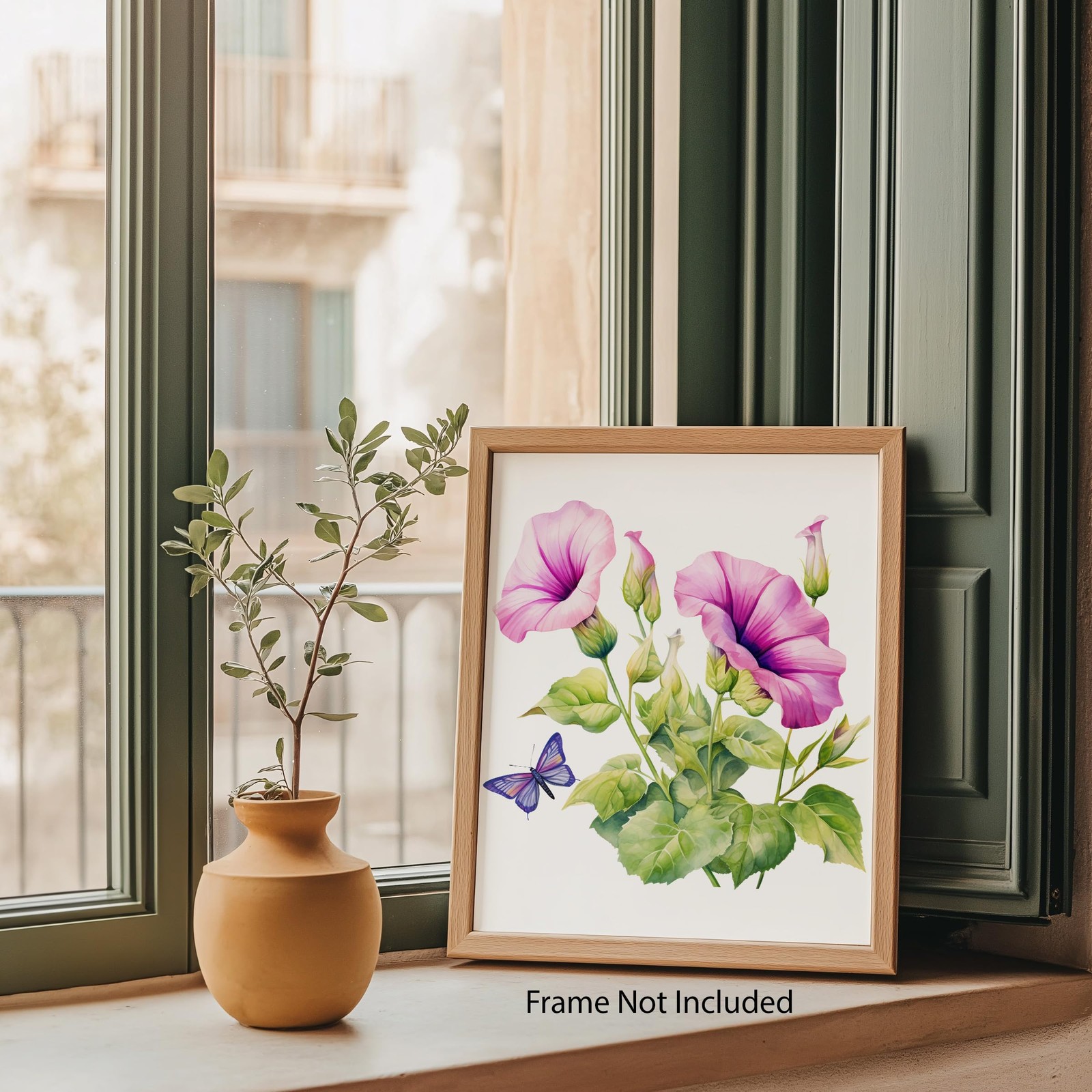 Pink Morning Glory Purple Butterfly 8×10 Photo Print Botanical Flower Wall Art