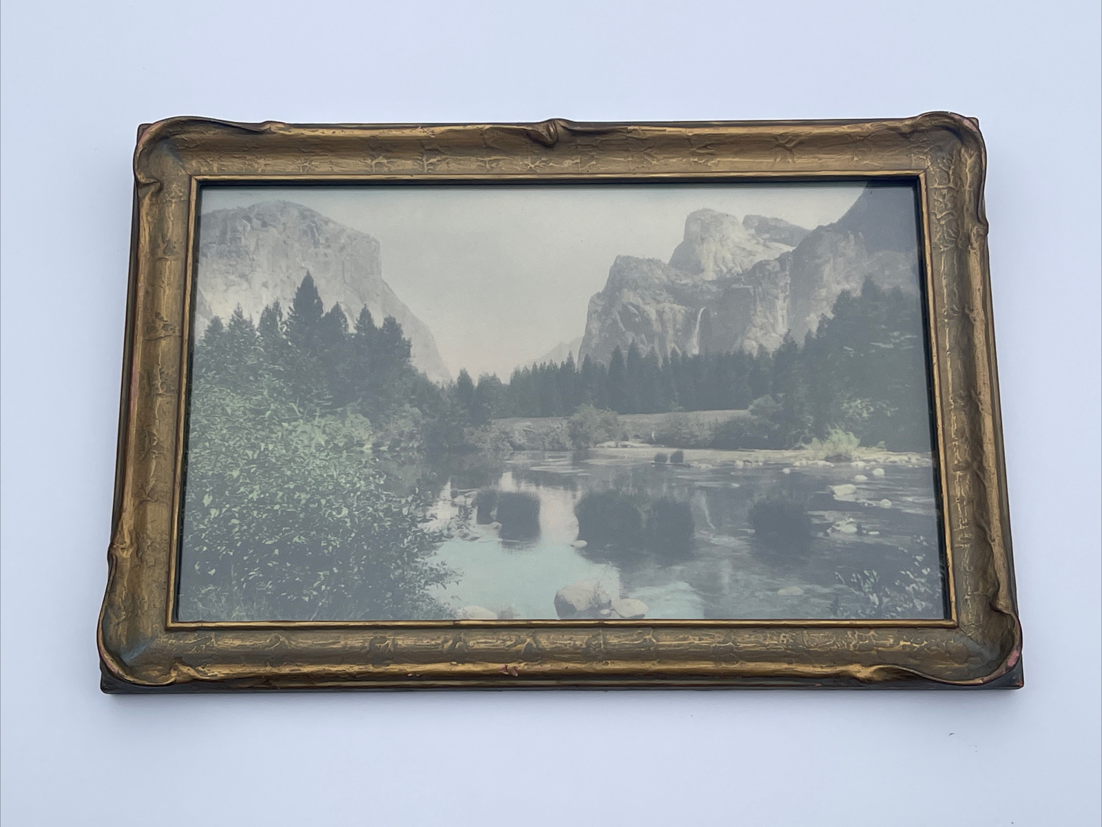 Antique Yosemite Photograph Painted Tinted Painting Pie Crust Frame Old Early