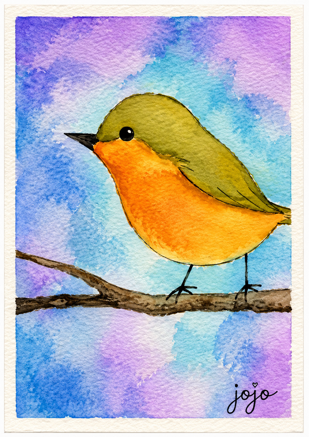 ACEO Original PRINT from original watercolor whimsical bird on a branch