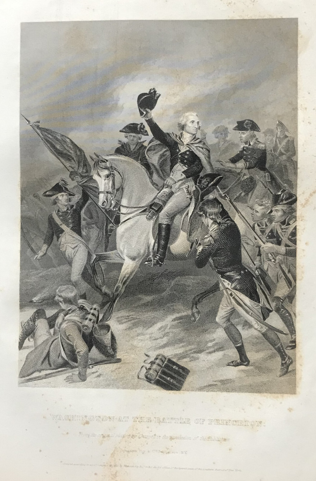 steel engraving Washington At The Battle of Princeton