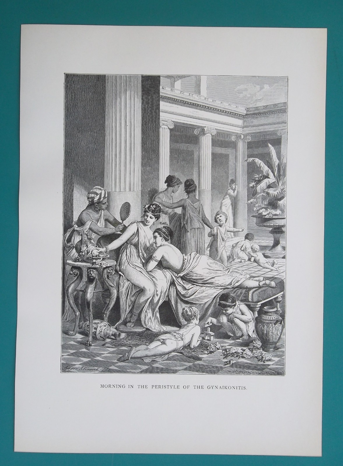 GREEK WOMEN Domestic Life Morning Toilette Children Playing – 1881 Antique Print
