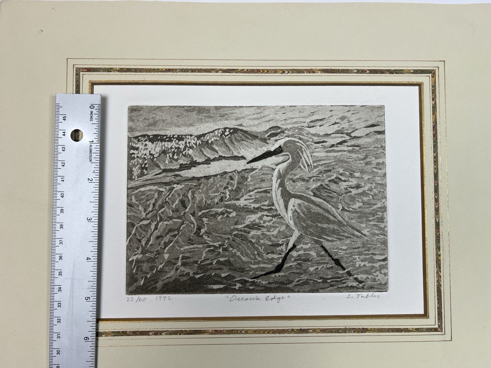 1992 Oceanic Edge Shore Bird Etching Shirley Tabler 5×7 on 11×14 Coastal Decor