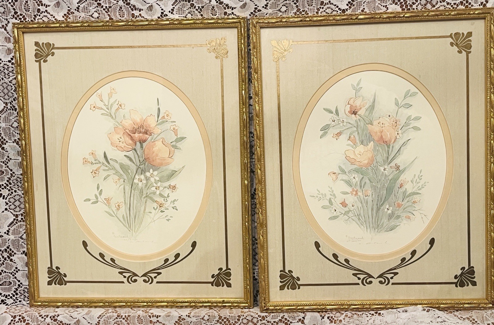 Vintage Set Of Two Mary Bertrand Watercolor Floral Assigned & Numbered