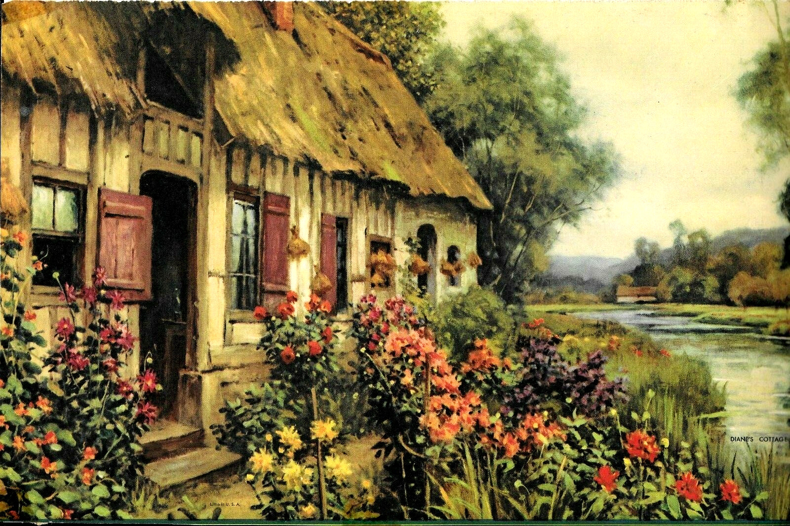 Aston Knight, Cottage Water Flowers Litho U.S.A. 12″x7.75″ Print VTG FREE SHIP