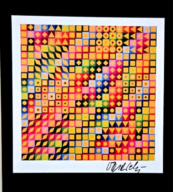 VICTOR VASARELY PRINT FROM 1970 + SIGNED GEOMETRIC ABSTRACT +NEW FRAME 14x11in!