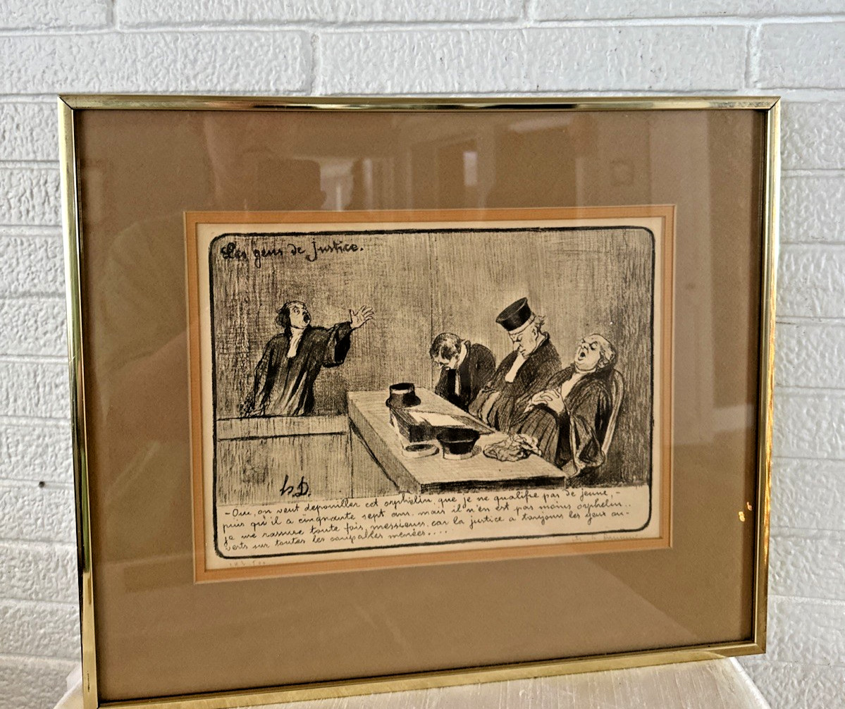 Antique Honore Daumier Signed Courtroom Justice Lawyer Judge French Lithograph