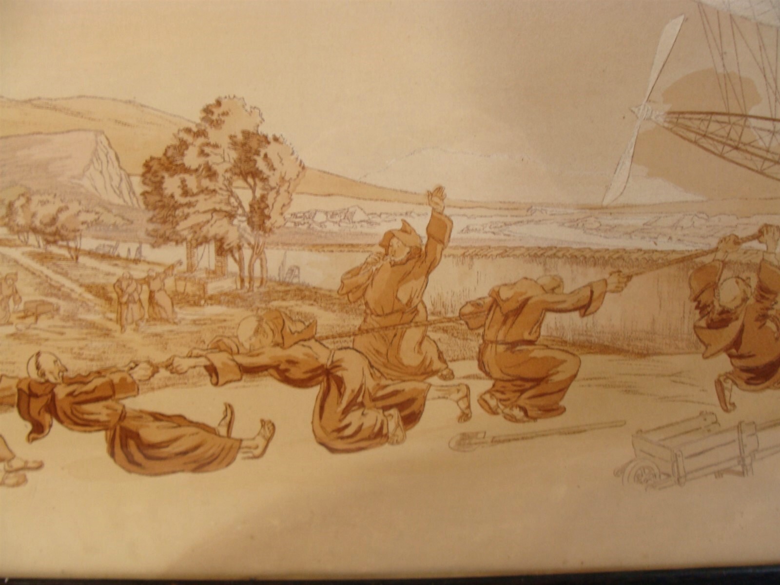 Antique 1910 Calmont Monks & Dirigable in Landscape Lithograph