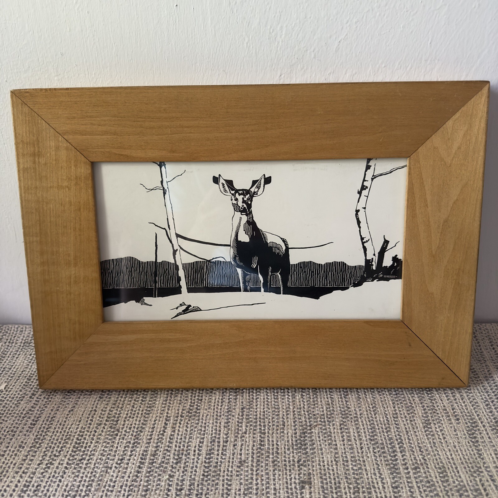 Art Linocut Deer Print By McKenzie Black Ink White Paper Framed Small Art