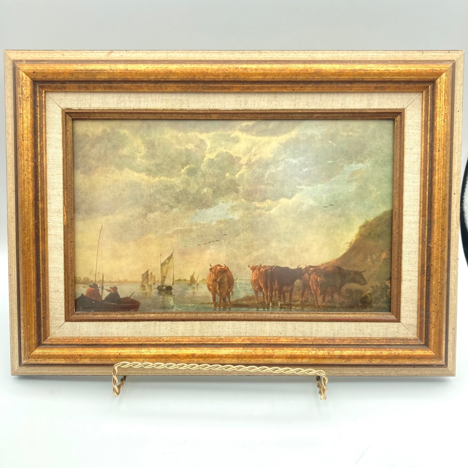 Vintage Venetian Gold Frame Cows by the River Print by Aelbert Cuyp 12 1/2″ Long