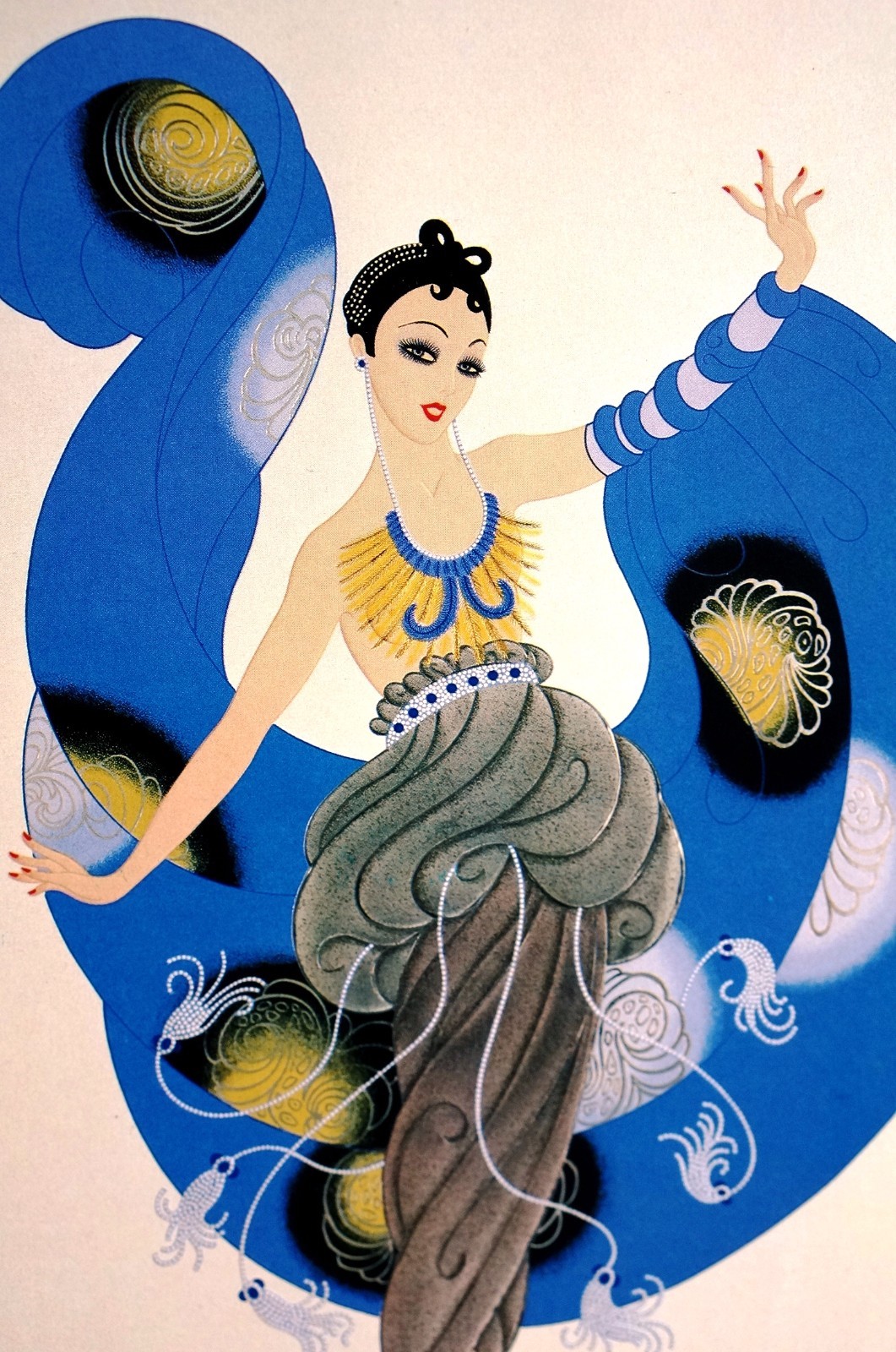 Erte 1987 A DREAM LADY in BLUE Bracelets Necklace Tassels Art Deco Matted Print
